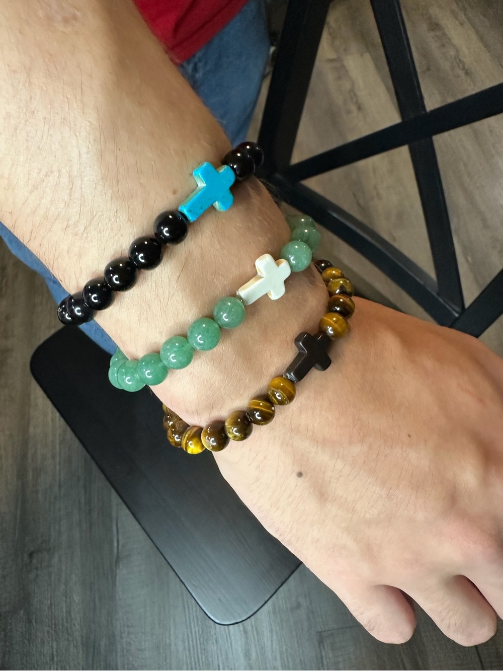 Set (3) Men’s Gemstone Cross Bracelet - Obsidian Aventurine Tiger’s Eye (FL1122)